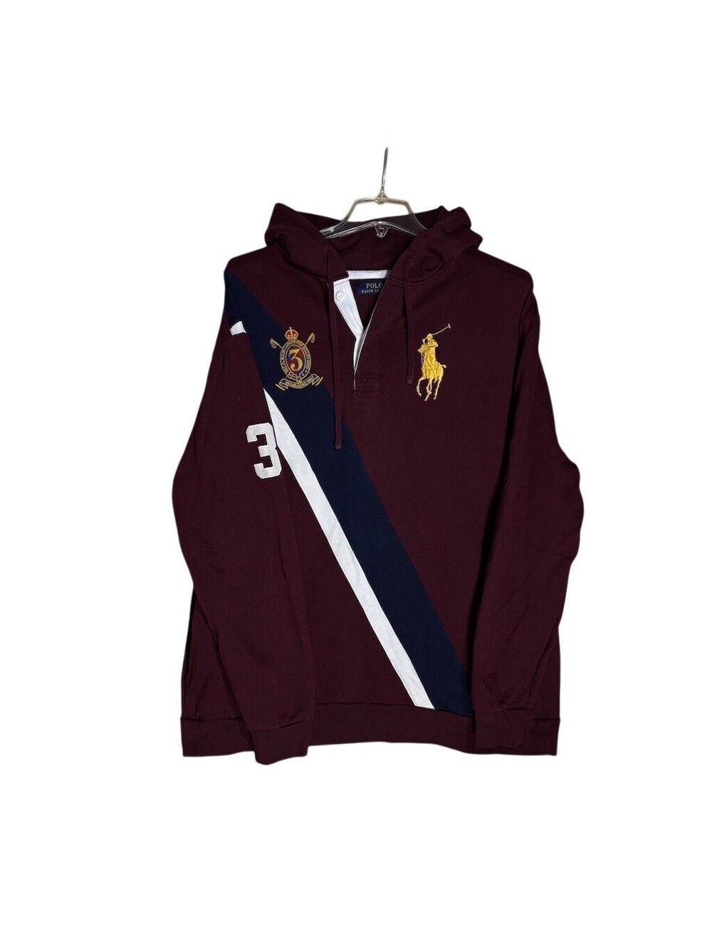 Polo Ralph Lauren Hoodie Mens XLT Burgundy Big Pony Rugby Crest Patch #3